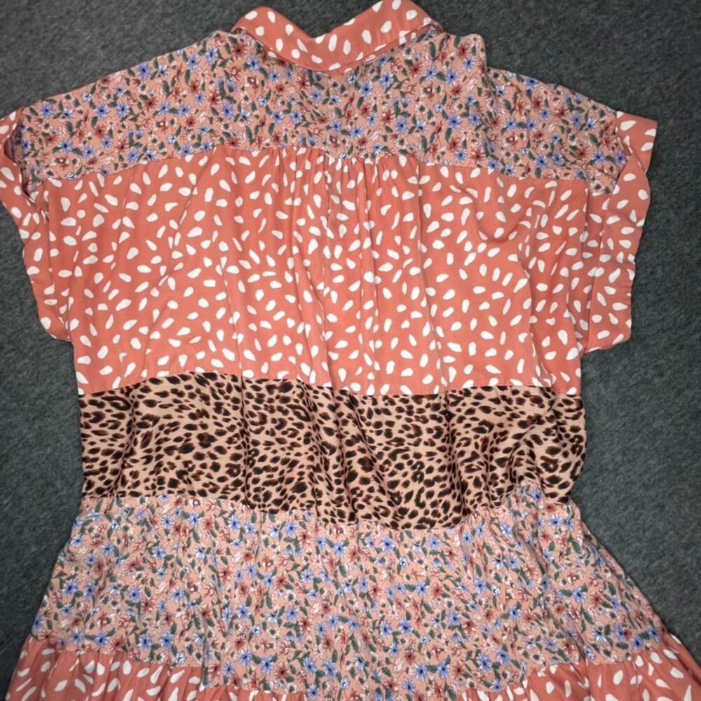 Umgee Mixed Print Tiered Babydoll Dress XL Coral Boho Floral Leopard Mini Animal - Picture 8 of 9